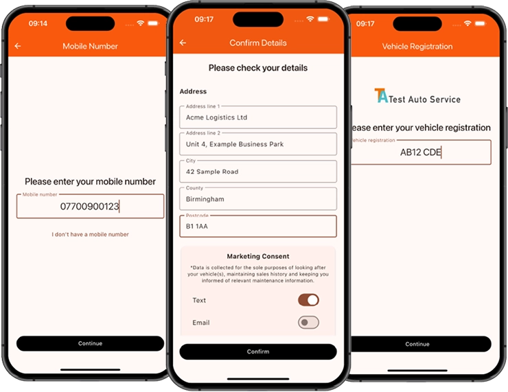Customer check-in app screens